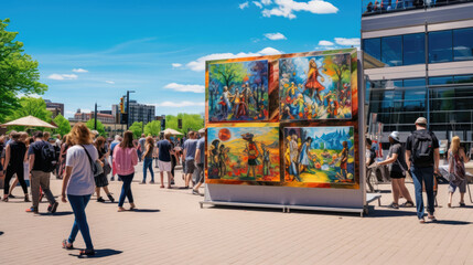 Outdoor Art Gallery: Vibrant Paintings and Sculptures
