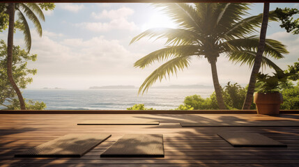 Fototapeta premium Morning Yoga at Coastal Retreat with Swaying Palm Trees
