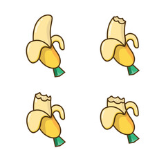 Yellow peeled banana with bite steps in different sizes on a white background