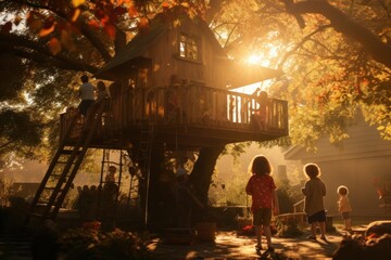 Children playing in a sunlit backyard with a treehouse.