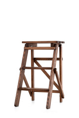 Small old-style decorative folding wooden ladder isolated on white background. wooden stairs