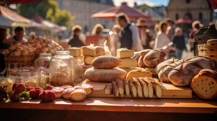 Bustling Artisanal Market Morning with Cheeses and Produce