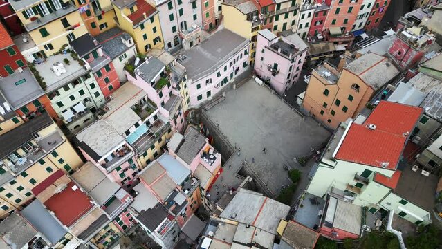 Europe, Italy, Liguria, Cinque Terre - Drone aerial view of Riomaggiore - The Cinque Terre are an increasingly popular tourist attraction for tourists from all over the world Unesco Heritage 