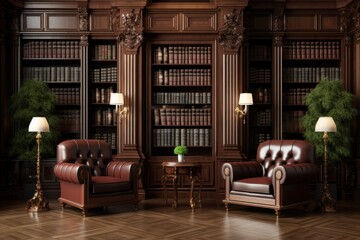Classic library interior with leather armchairs and mahogany bookshelves. - obrazy, fototapety, plakaty