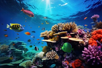 Fototapeta na wymiar Colorful coral reef underwater scene with diverse marine life.