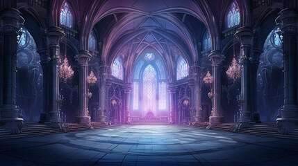 A fantasy empty hall cathedral background of castle gothic - obrazy, fototapety, plakaty