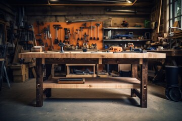 DIY workshop table with tools for crafting and woodworking.