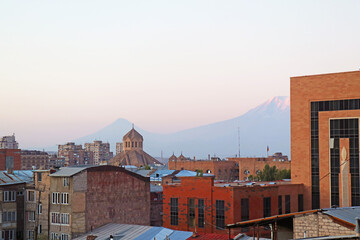 Amazing View of Yerevan Cathedral against Mount Ararat as Seen from Yerevan Downtown, Armenia
