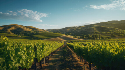 Fototapeta premium Rolling Hills Vineyard in Bright Sunlight