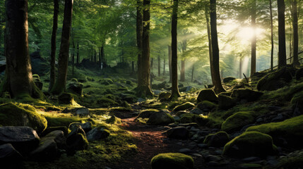 Sunlit Forest Glade with Moss-Covered Stones - obrazy, fototapety, plakaty
