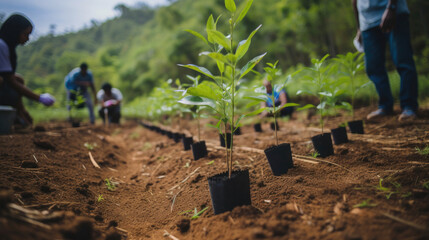 Restoring nature: community-led reforestation project volunteers planting diverse saplings in degraded area - obrazy, fototapety, plakaty