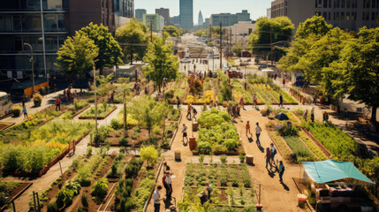 Obraz premium Unity in urban gardening: community tends plots of organic produce fostering local agriculture sustainably