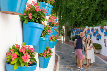 Rustic charm in Andalusian village: Hanging pots accentuating traditional allure against...