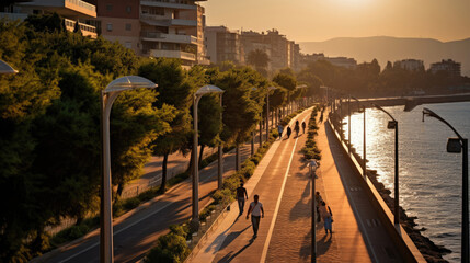 Evening at the coastal promenade: solar-powered streetlights illuminate the vibrant path showcasing...