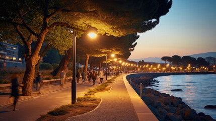 Coastal promenade at sunset: illuminated by solar-powered streetlights blending beauty with sustainable urban lighting - Powered by Adobe