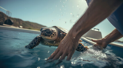 Releasing a sea turtle: a symbol of conservation's tireless work to protect marine life - obrazy, fototapety, plakaty