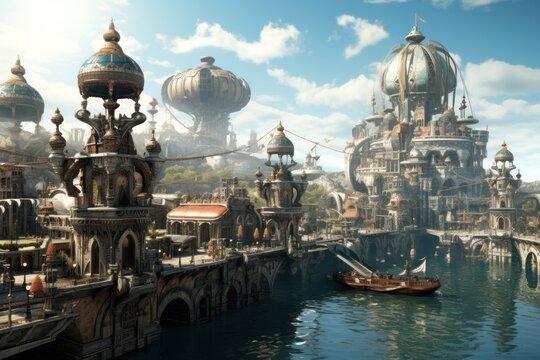 Steampunk cityscape with airships and intricate machinery.
