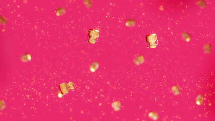 Aesthetic luxury New Year concept, Christmas minimal style trend flat lay, wine corks champagne sparkling, viva magenta background, glitter, winter holidays 3d rendering