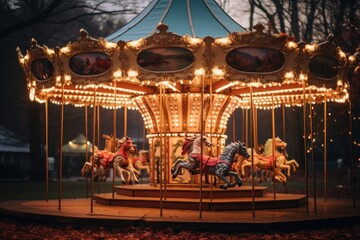 Vintage carousel in a city park surrounded by twinkling fairy lights.