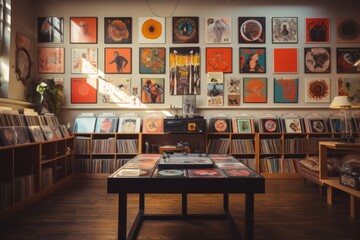 Vintage record store interior with vinyl collections and retro decor. - obrazy, fototapety, plakaty