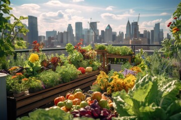 Fototapeta premium Urban rooftop garden with vegetables, flowers, and a city view.