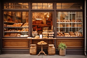 Traditional bakery storefront with freshly baked goods on display. - obrazy, fototapety, plakaty