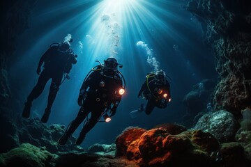 Underwater cave exploration with divers and mysterious light.