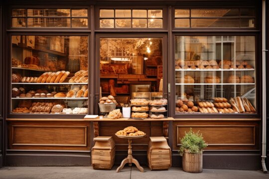 Traditional bakery storefront with freshly baked goods on display.