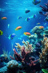 Fototapeta premium Fantastically beautiful poster with Enchanting view of sea life exotic brightly colored fish. in clear ocean blue water. Algae. Coral. Deep perspective. Place for design, text on a marine theme.