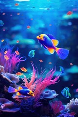 Fototapeta na wymiar Fantastically beautiful poster with Enchanting view of sea life exotic brightly colored fish. in clear ocean blue water. Algae. Coral. Deep perspective. Place for design, text on a marine theme.