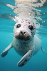 Charming marine poster. portrait of a baby harbor seal swimming in clear blue sunlit water . Concept sea life. . side view. Concept sea life.