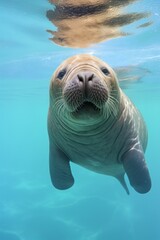 Enchanting sea poster. portrait of a sea lion swimming on clear blue water . Concept sea life.