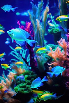 Fantastically beautiful poster with Enchanting view of sea life exotic brightly colored fish. in clear blue ocean water. Algae. Deep perspective. Place for design, text on a marine theme.
