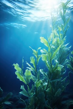 Marine original vertical poster. Green algae ulva lactuca swaying in blue sunlit water. Sea life concept. Placeholder for design, sea-themed text.