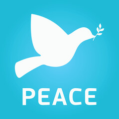 World peace, nations, love, respect. Symbol, conceptual illustration of no war. White dove in flight with branch on a blue background. Human rights, unity, humanity, international agreement. Icon, vec