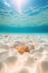 Fototapeta na wymiar big pearlescent shells on sand, deep composition, clear blue water. An ocean shelf flooded with sunlight. view side. Nice Marine poster. Space for design and text.