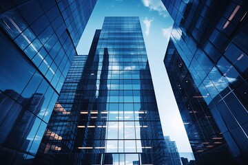 Fototapeta na wymiar Modern Cityscape with Reflective Glass Buildings under a Blue Sky