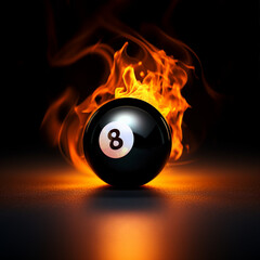 Burning black eight billiard ball on fire with flame tail on dark background, sport motion and action photography for wallpaper , poster or logo