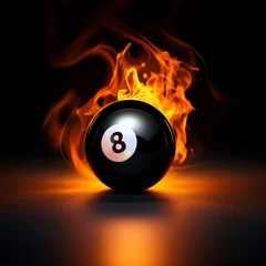 Selbstklebende Fototapeten Burning black eight billiard ball on fire with flame tail on dark background, sport motion and action photography for wallpaper , poster or logo © Kresimir