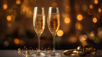 Champagne glasses. Celebration New Year. Glasses of sparkling wine in front of tender bright gold bokeh