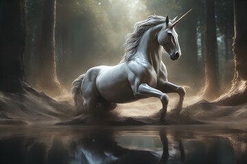 Obraz na płótnie Canvas White unicorn in the dark forest