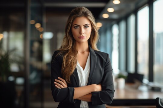 Perfect business lady. Beautiful young business woman looking at camera with smile while standing in the office.