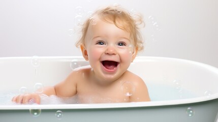 Baby taking a bath with foam and soap bubbles.