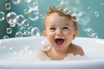 Baby taking a bath with foam and soap bubbles.