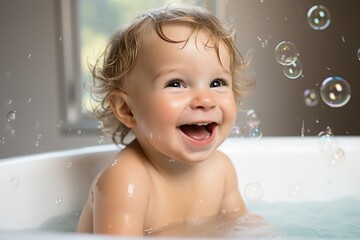 Baby taking a bath with foam and soap bubbles.