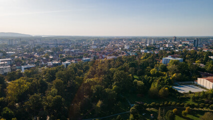 Top down aerial view of Pancevo, Downtown urban grid with park, Serbia.
