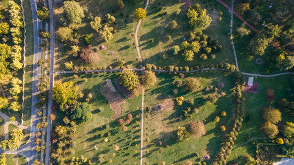 Aerial urban park with playground and asphalt trails in Houston, Texas, America. 