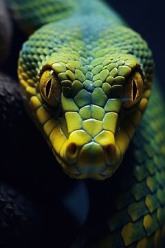 closeup portrait of green snake at nature, reptile animal