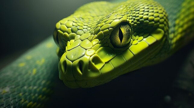 closeup portrait of green snake at nature, reptile animal