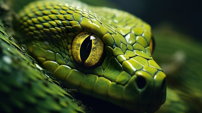 closeup portrait of green snake at nature, reptile animal